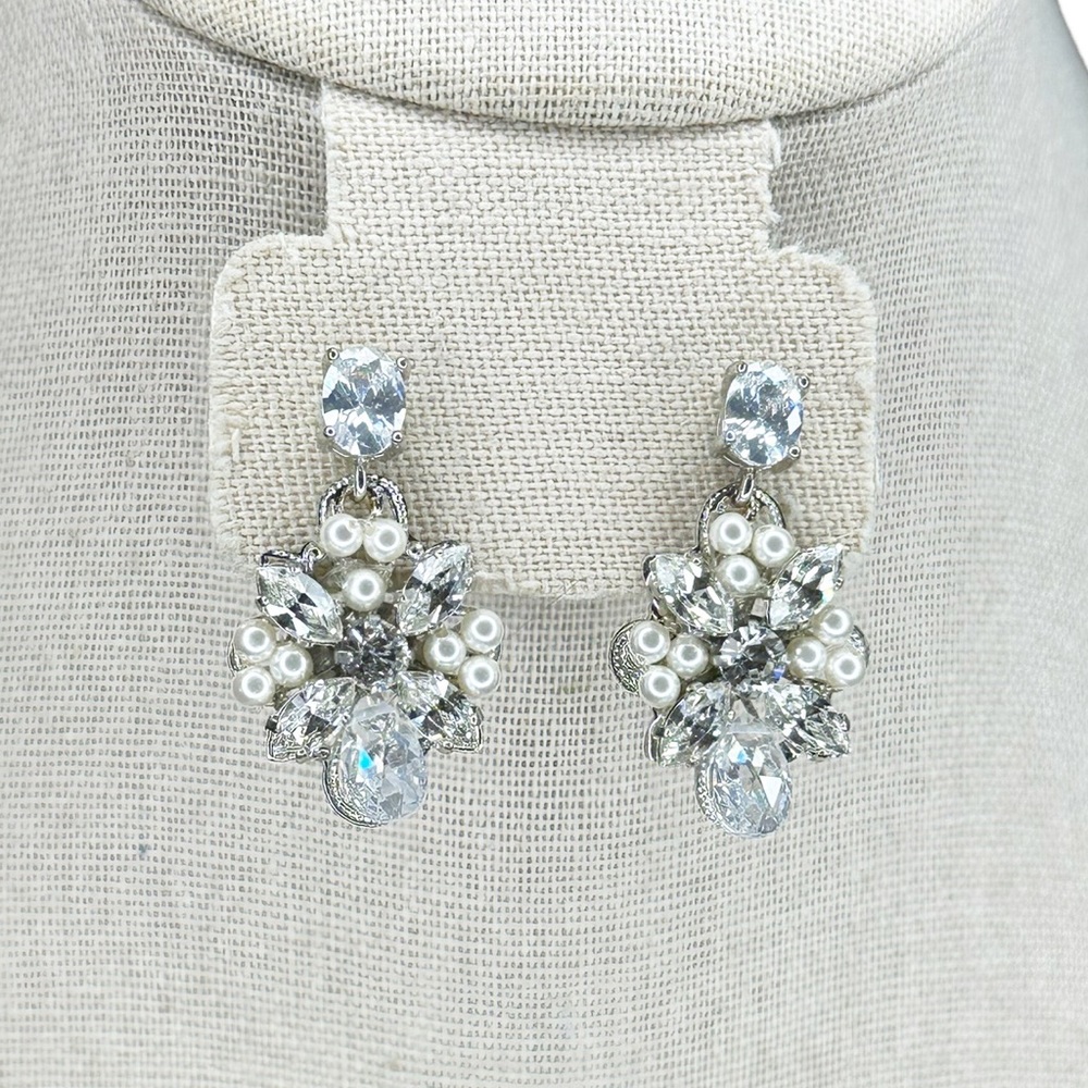Elizabeth Bower Star Flower Drop Bridal Earrings Rhodium Plate